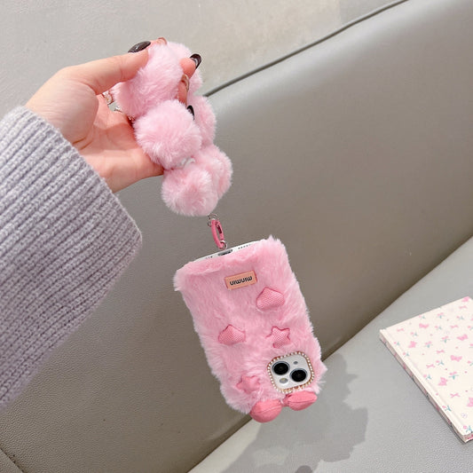 Bow Pattern Furry Soft Phone Case with Furry Bracelet - iPhone 16 Pro Max