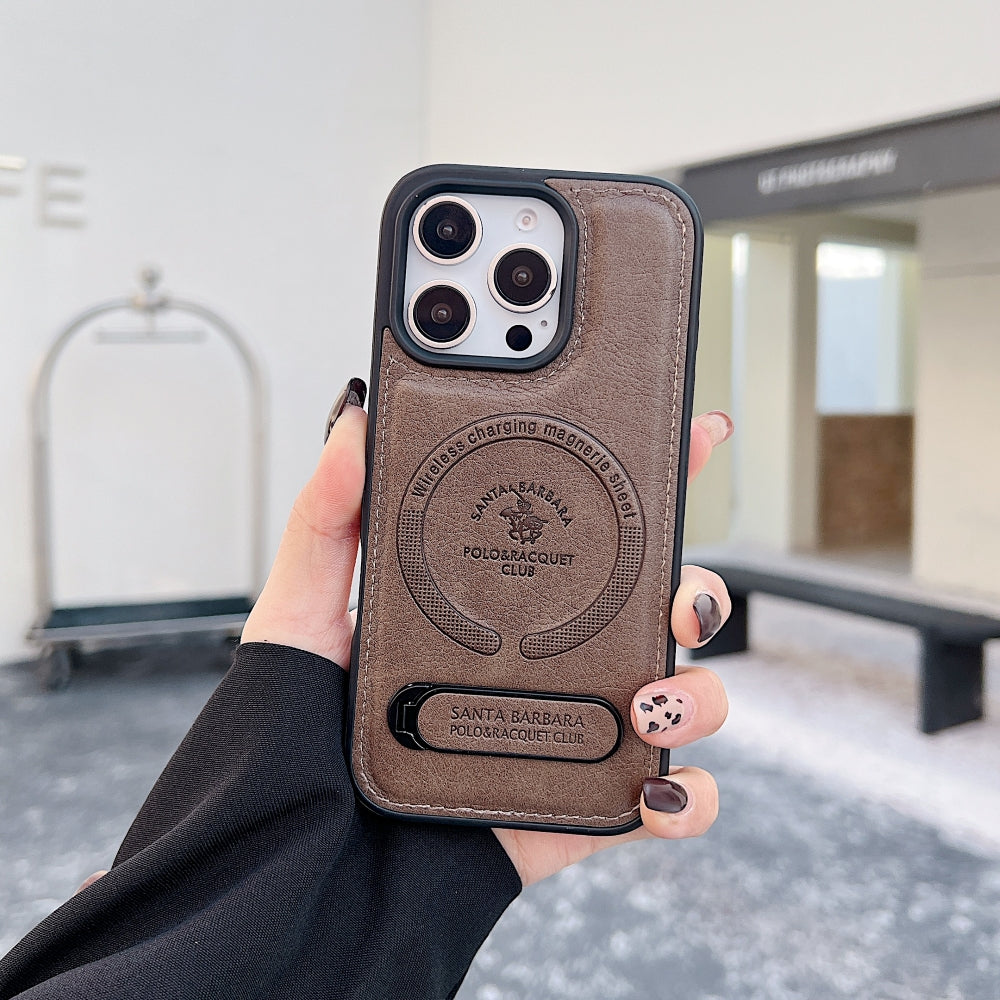 Wireless Charging PU Leather Rugged Kickstand Phone Case - iPhone 16 Pro