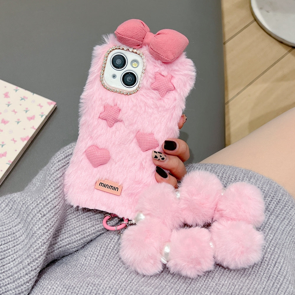 Bow Pattern Furry Soft Phone Case with Furry Bracelet - iPhone 16 Pro Max