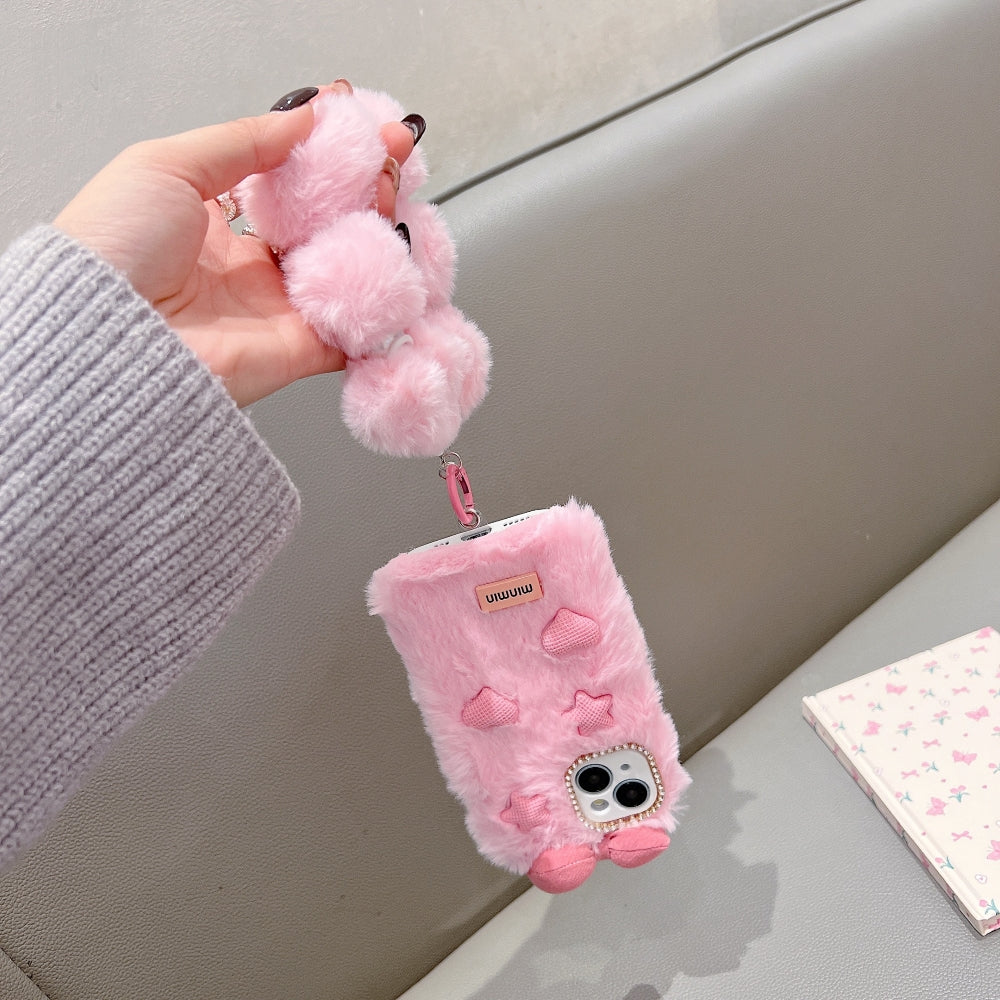 Bow Pattern Furry Soft Phone Case with Furry Bracelet - iPhone 16 Pro Max