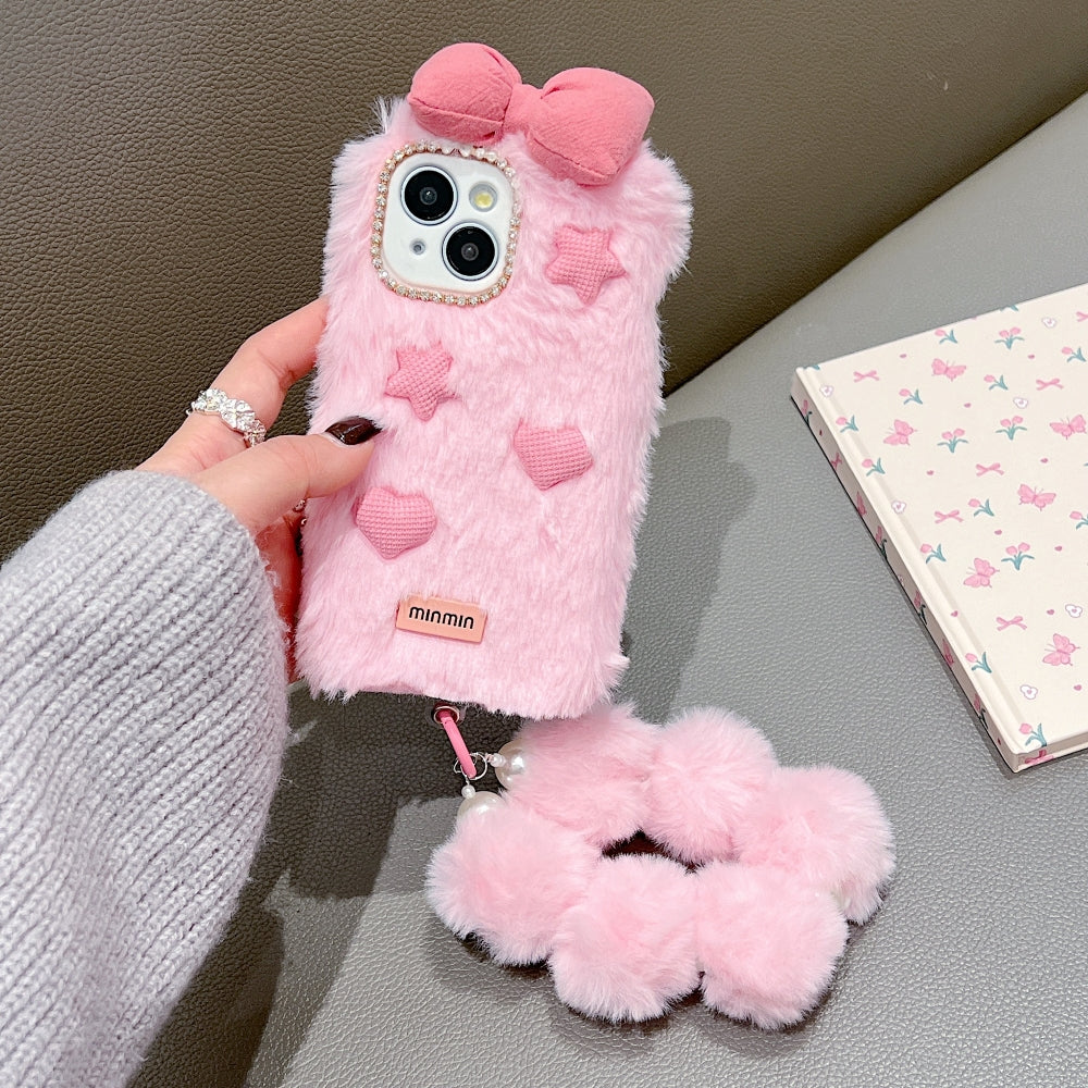 Bow Pattern Furry Soft Phone Case with Furry Bracelet - iPhone 16 Pro Max