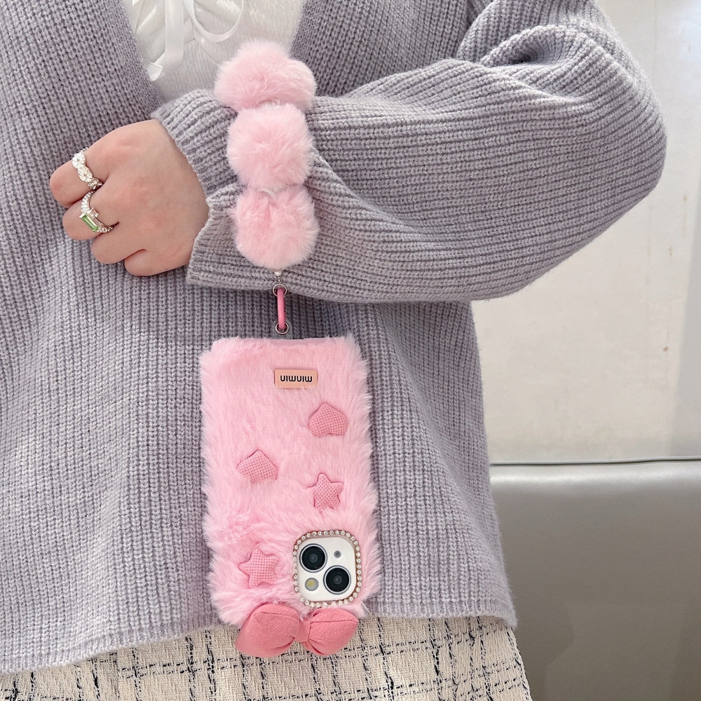 Bow Pattern Furry Soft Phone Case with Furry Bracelet - iPhone 16 Pro Max