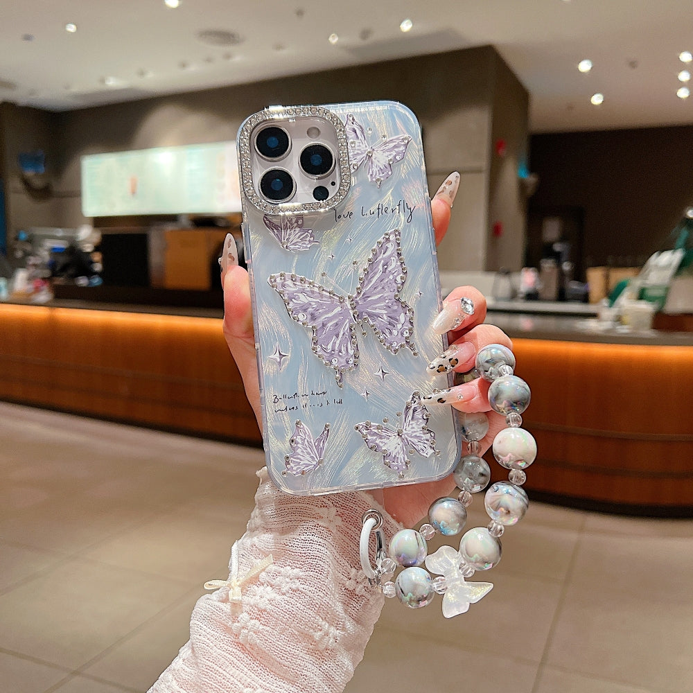 Printed Butterfly Stone Pattern TPU (Soft) | PC (Hard) Phone Case with Bracelet - iPhone 14 Plus