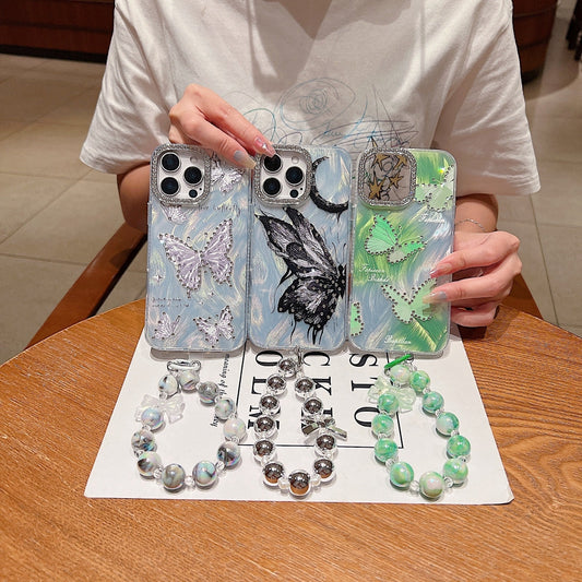 Printed Butterfly Stone Pattern TPU (Soft) | PC (Hard) Phone Case with Bracelet - iPhone 14 Plus