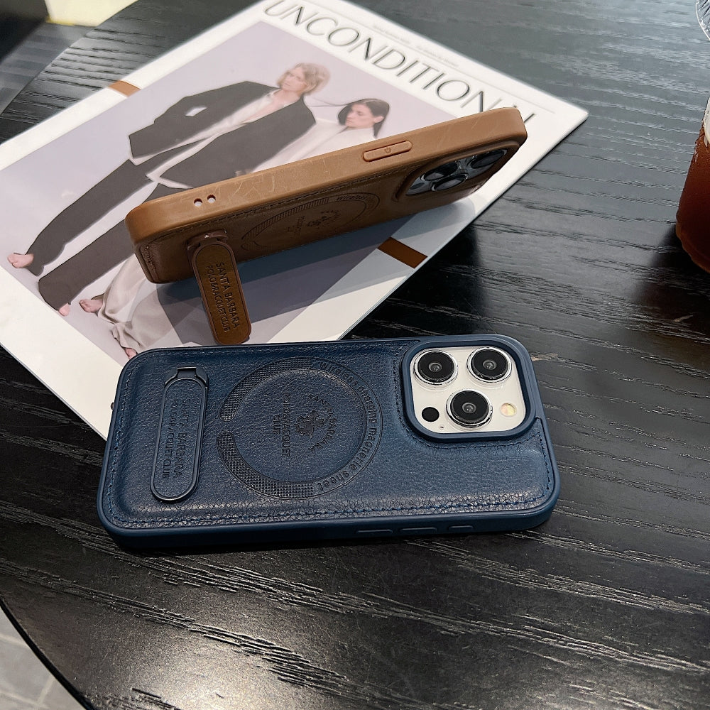 Wireless Charging PU Leather Rugged Kickstand Phone Case - iPhone 16 Pro