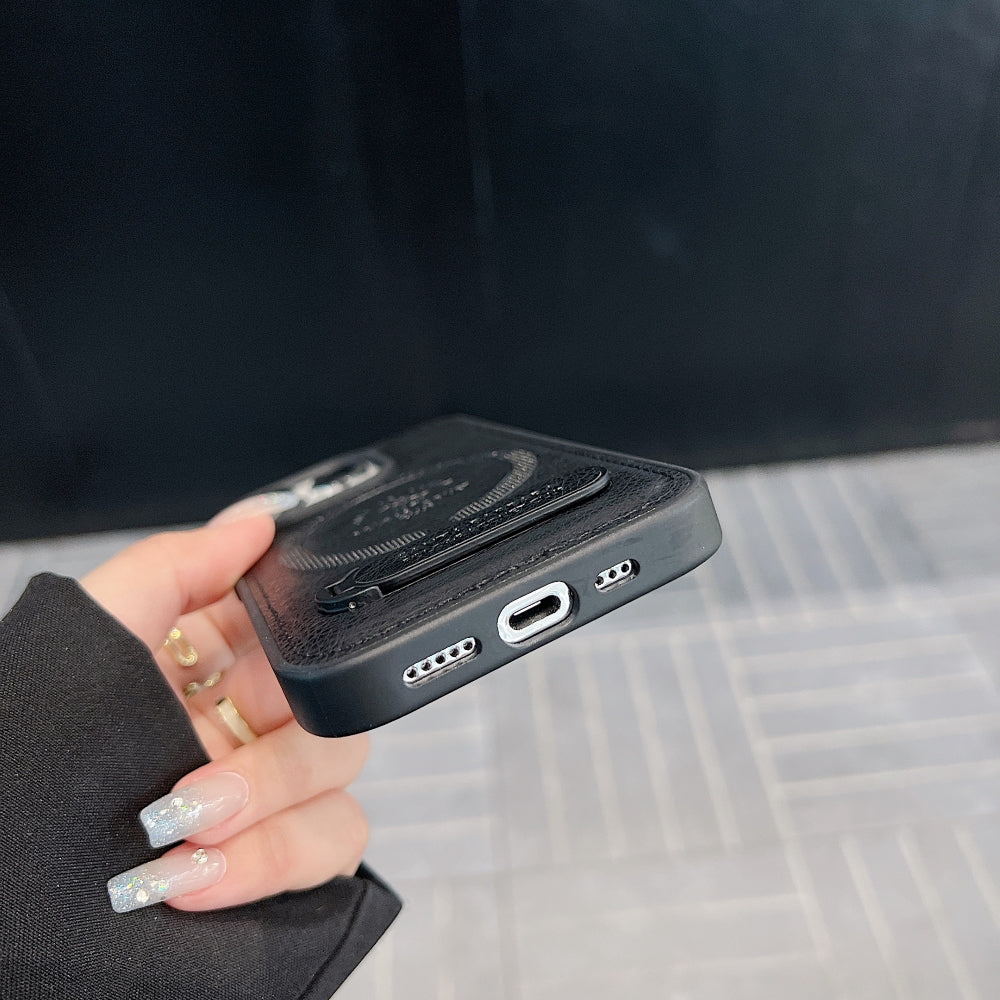 Wireless Charging PU Leather Rugged Kickstand Phone Case - iPhone 16 Pro