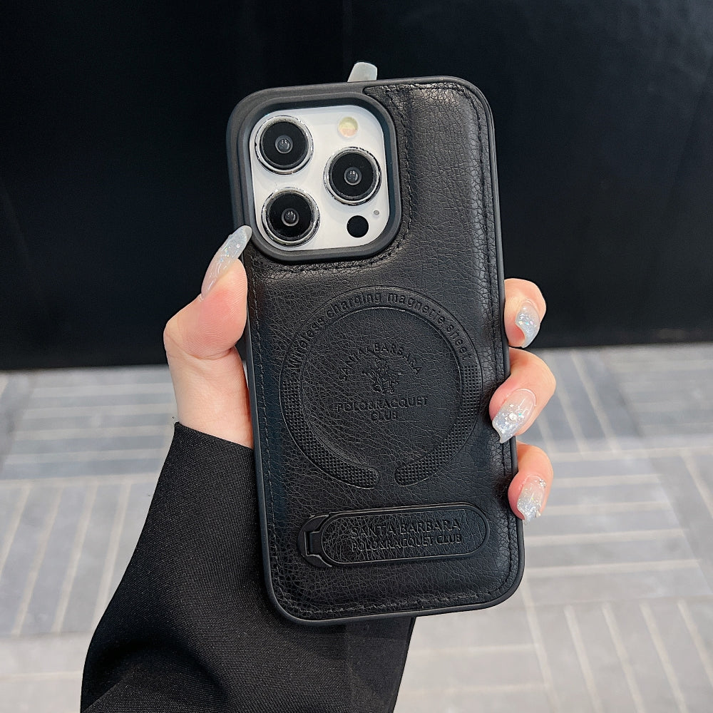 Wireless Charging PU Leather Rugged Kickstand Phone Case - iPhone 16 Pro