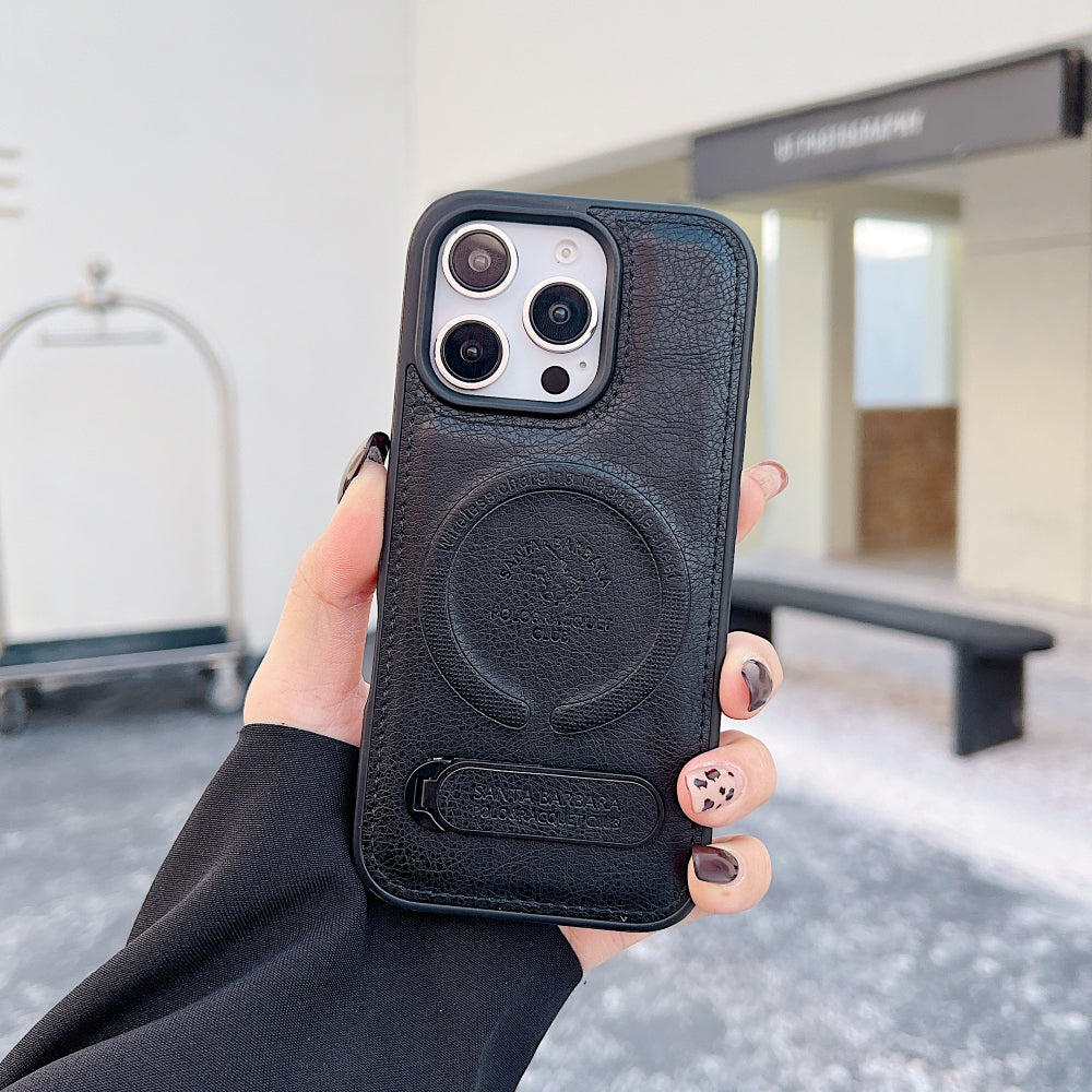 Wireless Charging PU Leather Rugged Kickstand Phone Case - iPhone 16 Pro