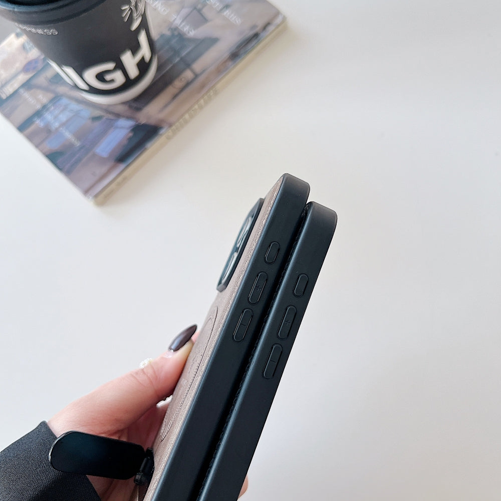 Wireless Charging PU Leather Rugged Kickstand Phone Case - iPhone 16 Pro