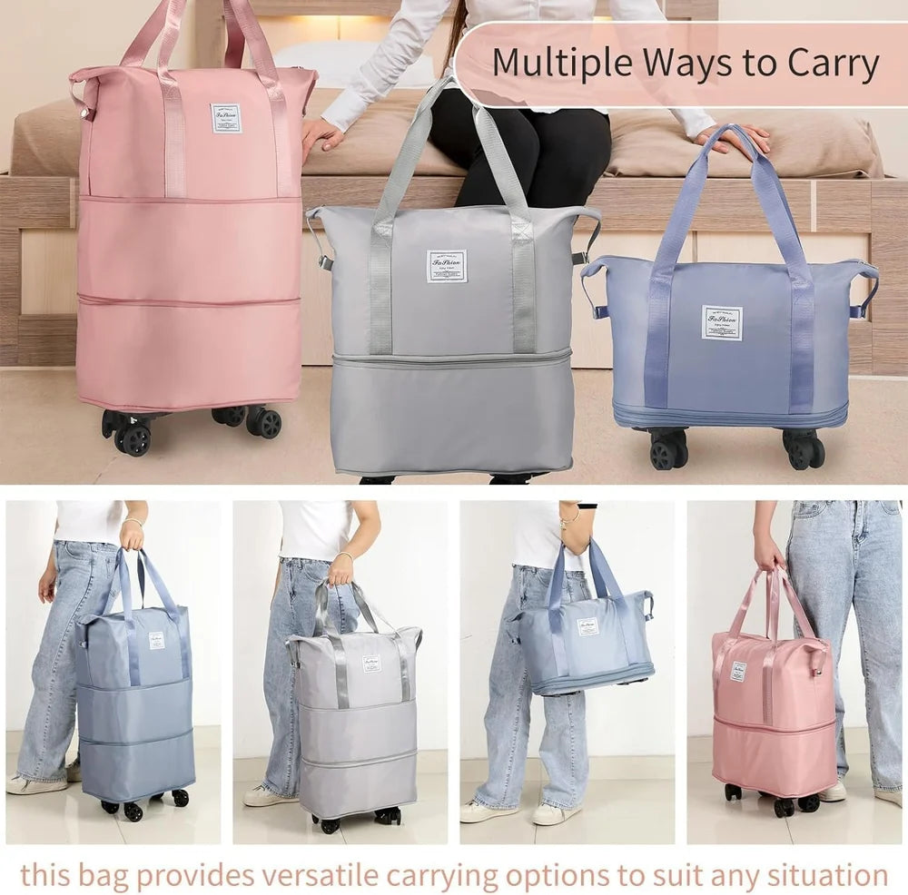 Rolling Duffle Bag with Wheels and Handle, Expandable Foldable Luggage Bag, Dry and Wet Separation Rolling Bag, Travel Lightweight Totes