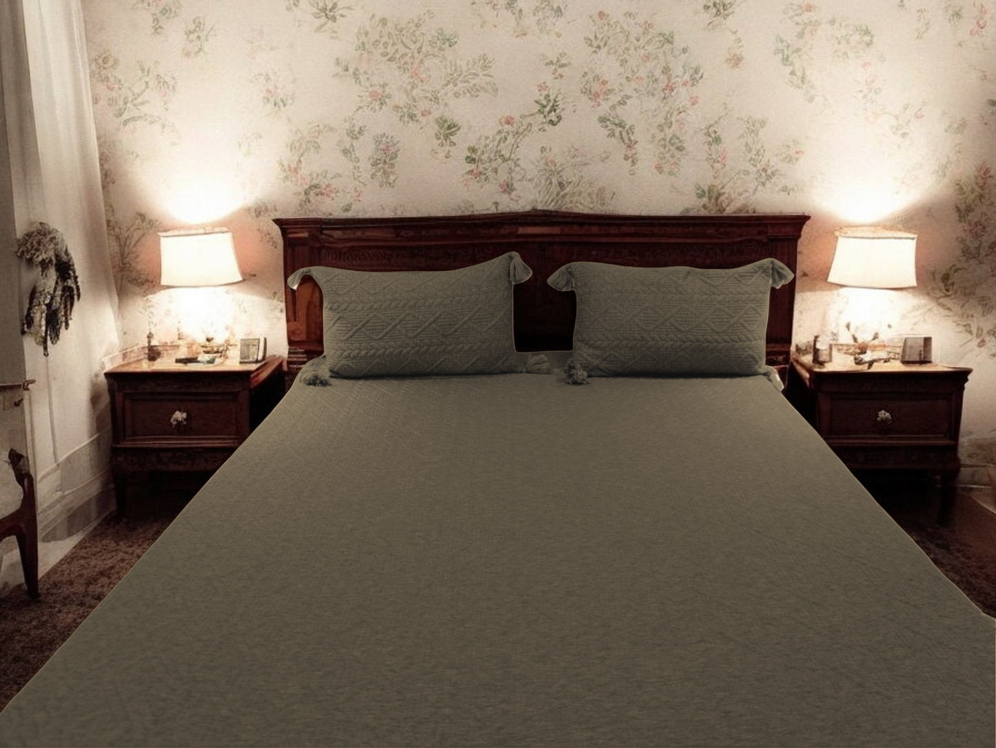 olive knitted bedcover | front view